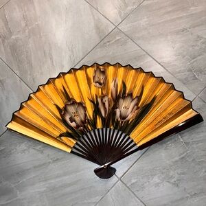 Vintage Wooden Hand Fan Brown  Floral Design  36" Open